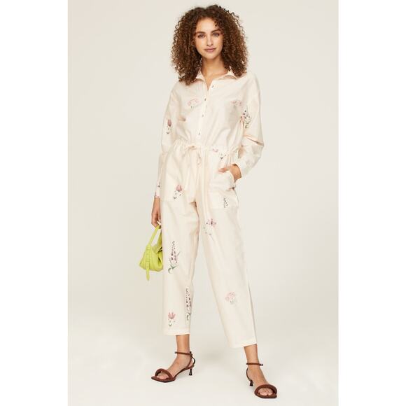SPLENDID White Bloom Speckled Tie Waist Oversized Button Front Jumpsuit Size L - Picture 1 of 11